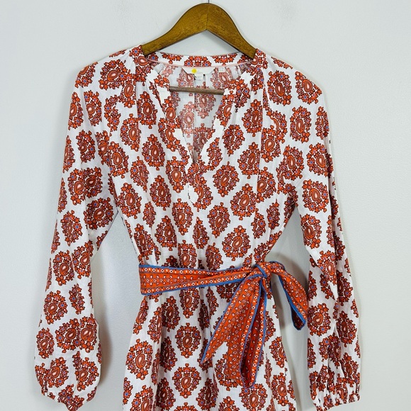 Boden Notch Neck Long Sleeve Linen Mini Shift Dress Floral Block Print 6 Long - Picture 8 of 16